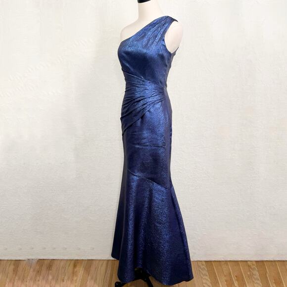 Theia One Shoulder Ruched Gown Sail Blue Silk Metallic Formal Wedding Size 2 - Picture 10 of 14